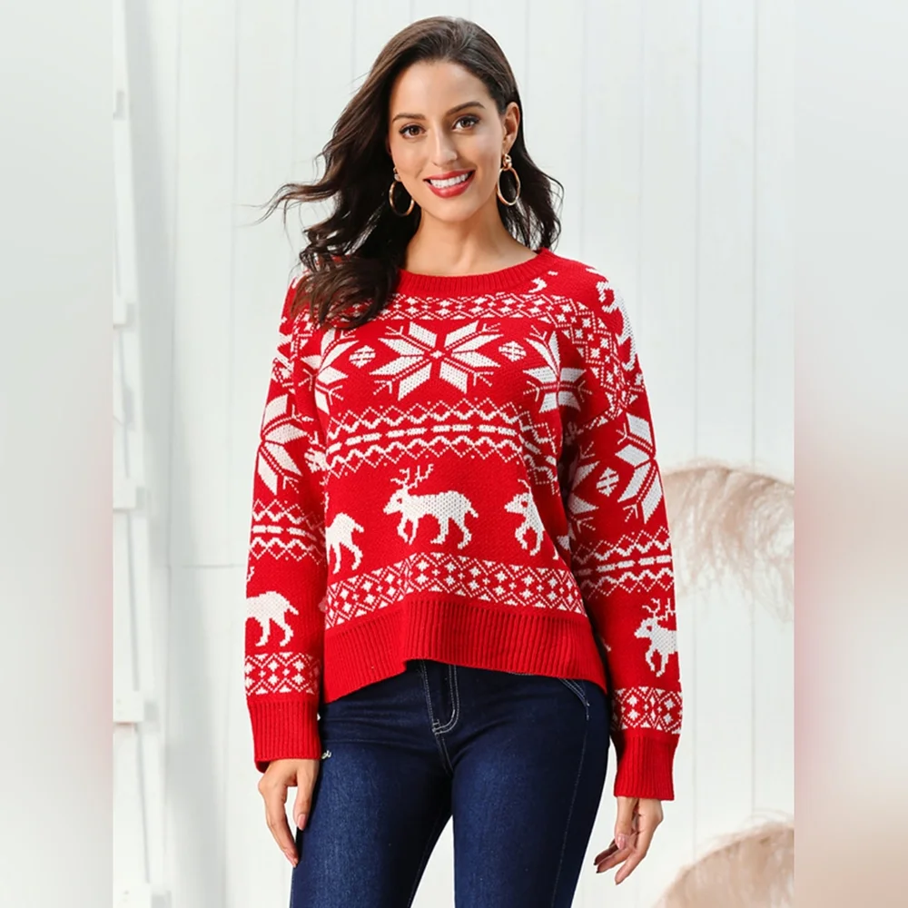 Fair Isle Snowflake Reindeer Knit Round Neck Classic Holiday Minimalist Sweater - Picture 6 of 7
